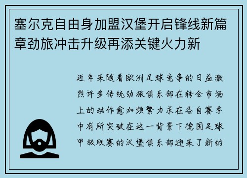 塞尔克自由身加盟汉堡开启锋线新篇章劲旅冲击升级再添关键火力新